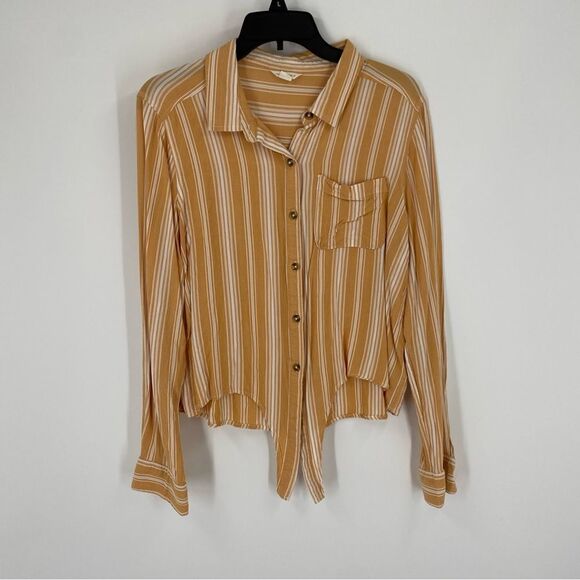 Aeropostale Women’s Button Tie Front Long Sleeve Yellow Striped Shirt size XL - Picture 1 of 3